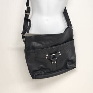 MHNY Black Leather Crossbody Satchel Purse Three Compartment Shoulder Bag 12x12"